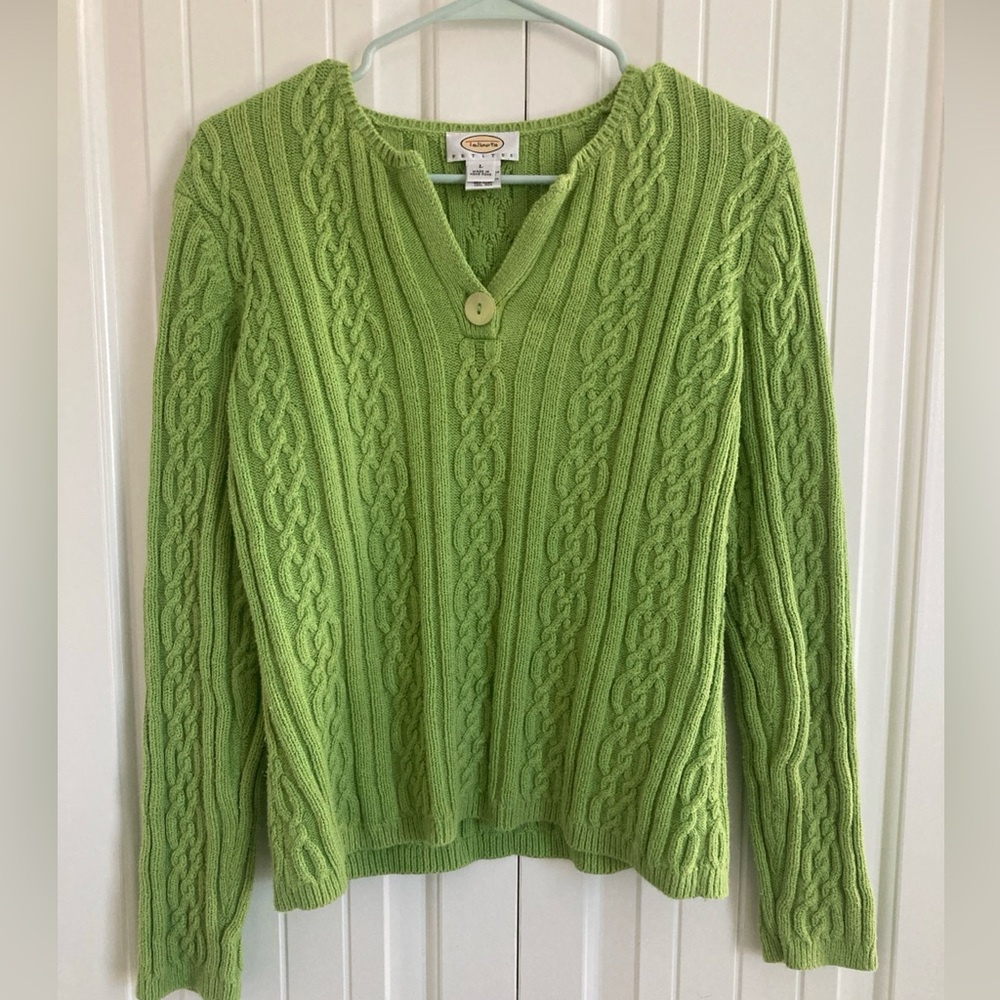 Talbots Petites Sweater Cable Knit VNeck Lime Green L